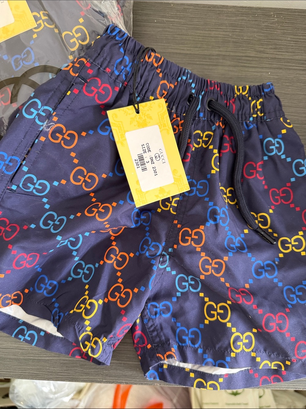 Boys multi color Navy Swim Shorts with Multicolor GG Print